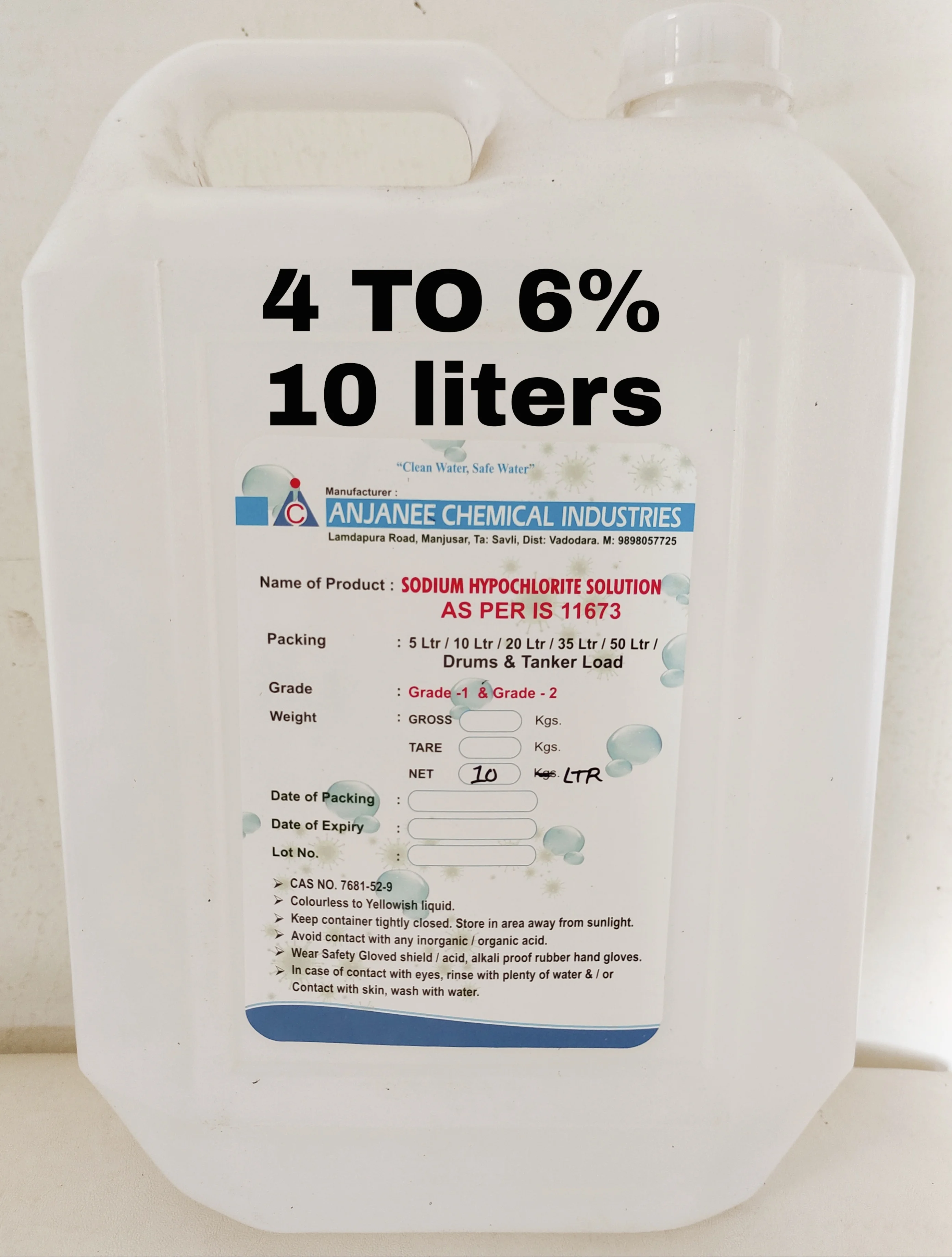 Sodium Hypochlorite - 4 TO 6 - 10liter